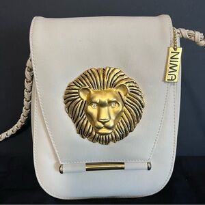 NIMA Vintage 80’s Gold-toned Lion Head With Rhinestone Eyes Crème Crossbody Bag